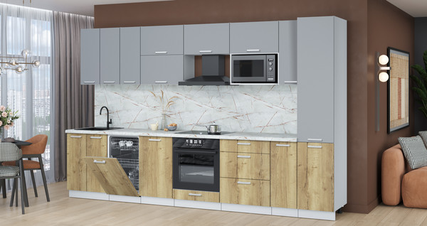 Изображение товара Кухонный гарнитур Интерлиния Мила Лайт 3.4-ПМ4 (серебро/дуб золотой/серый каспий)