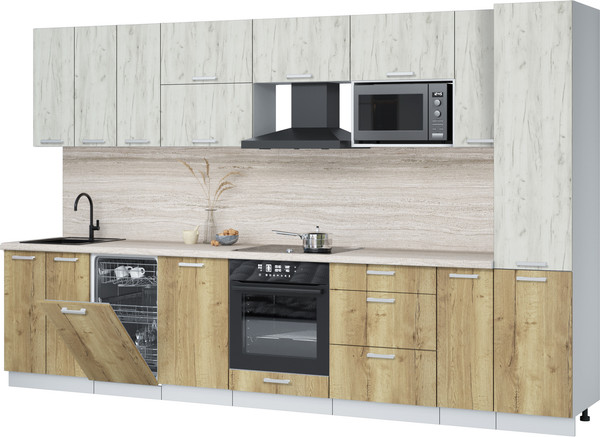 Изображение товара Кухонный гарнитур Интерлиния Мила Лайт 3.4-ПМ4 (дуб белый/дуб золотой/травертин серый)