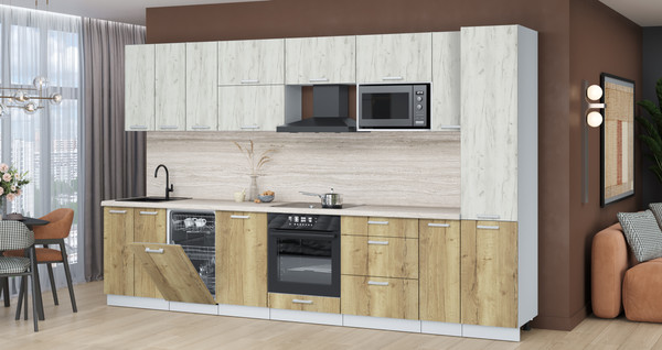 Изображение товара Кухонный гарнитур Интерлиния Мила Лайт 3.4-ПМ4 (дуб белый/дуб золотой/травертин серый)