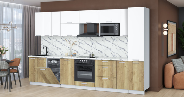 Изображение товара Кухонный гарнитур Интерлиния Мила Лайт 3.4-ПМ4 (белый платинум/дуб золотой/белый гранит)