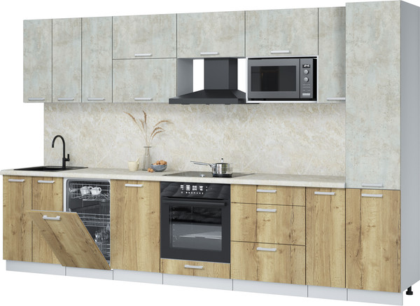 Изображение товара Кухонный гарнитур Интерлиния Мила Лайт 3.4-ПМ4 (бетон лайт/дуб золотой/опал светлый)