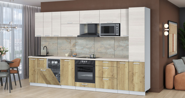 Изображение товара Кухонный гарнитур Интерлиния Мила Лайт 3.4-ПМ4 (вудлайн кремовый/дуб золотой/травертин серый)