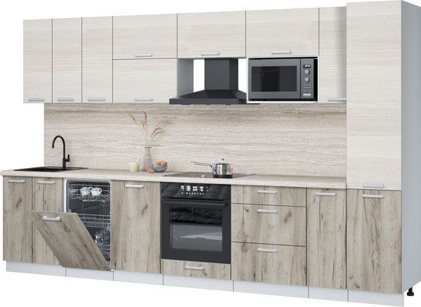 Изображение товара Кухонный гарнитур Интерлиния Мила Лайт 3.4-ПМ4 (вудлайн кремовый/дуб серый/травертин серый)