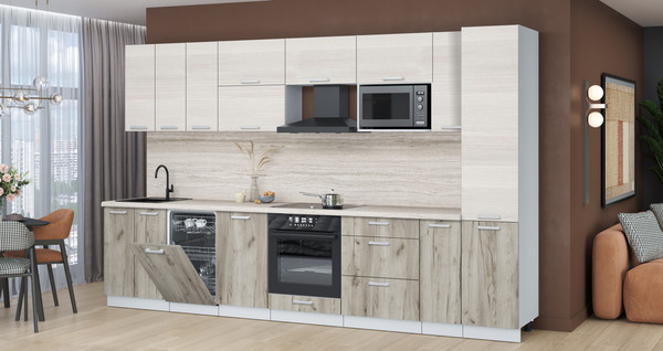 Изображение товара Кухонный гарнитур Интерлиния Мила Лайт 3.4-ПМ4 (вудлайн кремовый/дуб серый/травертин серый)