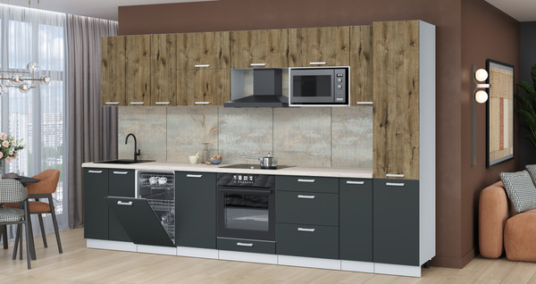 Изображение товара Кухонный гарнитур Интерлиния Мила Лайт 3.4-ПМ4 (дуб веллингтон/антрацит/травертин серый)