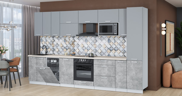 Изображение товара Кухонный гарнитур Интерлиния Мила Лайт 3.4-ПМ4 (серебро/бетон/травертин серый)