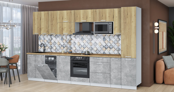 Изображение товара Кухонный гарнитур Интерлиния Мила Лайт 3.4-ПМ4 (дуб золотой/бетон/дуб бунратти)