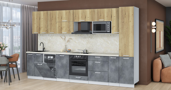 Изображение товара Кухонный гарнитур Интерлиния Мила Лайт 3.4-ПМ4  (дуб золотой/бетон портленд/опал светлый)