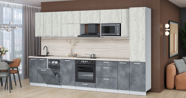 Изображение товара Кухонный гарнитур Интерлиния Мила Лайт 3.4-ПМ4 (дуб белый/бетон портленд/травертин серый)