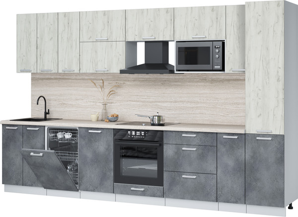 Изображение товара Кухонный гарнитур Интерлиния Мила Лайт 3.4-ПМ4 (дуб белый/бетон портленд/травертин серый)