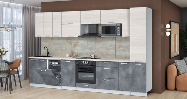 Изображение товара Кухонный гарнитур Интерлиния Мила Лайт 3.4-ПМ4 (вудлайн кремовый/бетон портленд/бискайская сосна)