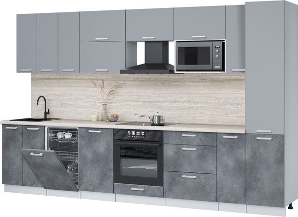 Изображение товара Кухонный гарнитур Интерлиния Мила Лайт 3.4-ПМ4 (серебро/бетон портленд/травертин серый)