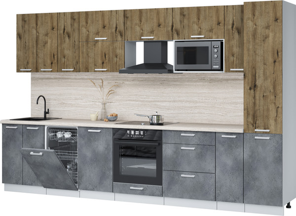 Изображение товара Кухонный гарнитур Интерлиния Мила Лайт 3.4-ПМ4  (дуб веллингтон/бетон портленд/травертин серый)