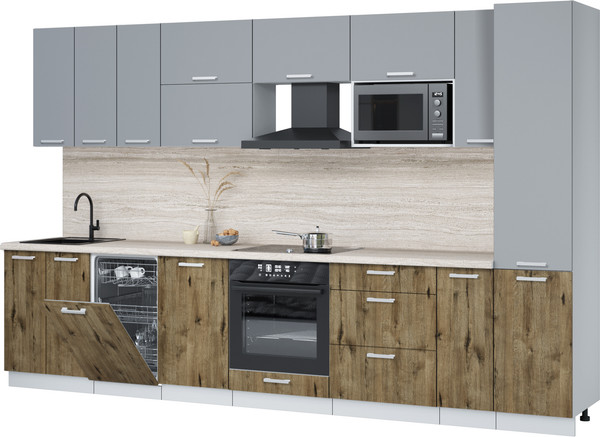 Изображение товара Кухонный гарнитур Интерлиния Мила Лайт 3.4-ПМ4 (серебро/дуб веллингтон/травертин серый)