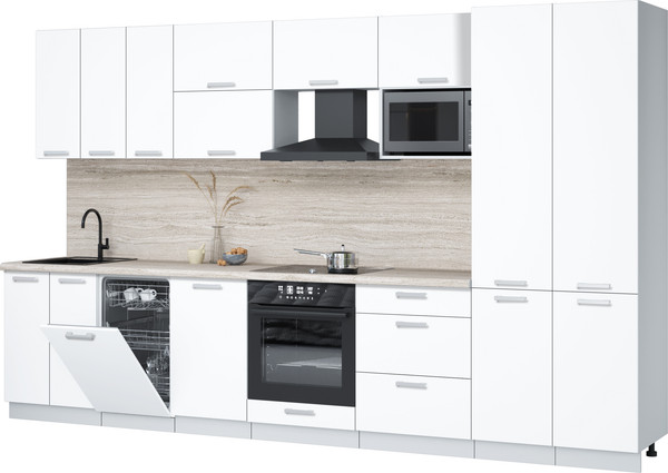 Изображение товара Кухонный гарнитур Интерлиния Мила Лайт 3.5-ПМ4 (белый платинум/белый платинум/травертин серый)