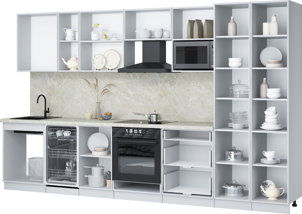 Изображение товара Кухонный гарнитур Интерлиния Мила Лайт 3.5-ПМ4 (белый платинум/белый платинум/травертин серый)