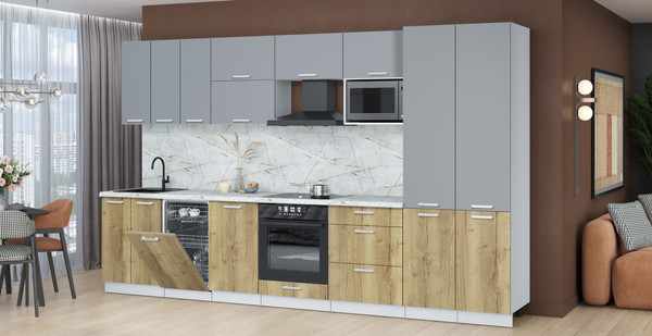 Изображение товара Кухонный гарнитур Интерлиния Мила Лайт 3.5-ПМ4  (серебро/дуб золотой/серый каспий)