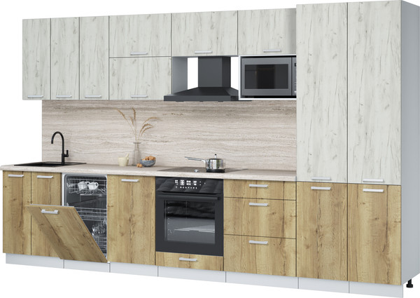 Изображение товара Кухонный гарнитур Интерлиния Мила Лайт 3.5-ПМ4 (дуб белый/дуб золотой/травертин серый)