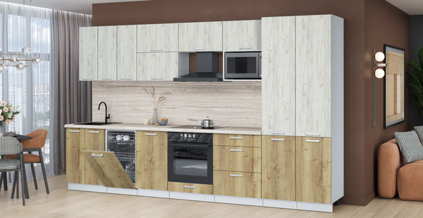 Изображение товара Кухонный гарнитур Интерлиния Мила Лайт 3.5-ПМ4 (дуб белый/дуб золотой/травертин серый)