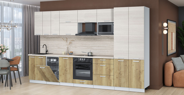 Изображение товара Кухонный гарнитур Интерлиния Мила Лайт 3.5-ПМ4 (вудлайн кремовый/дуб золотой/травертин серый)