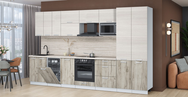 Изображение товара Кухонный гарнитур Интерлиния Мила Лайт 3.5-ПМ4 (вудлайн кремовый/дуб серый/травертин серый)