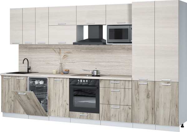 Изображение товара Кухонный гарнитур Интерлиния Мила Лайт 3.5-ПМ4 (вудлайн кремовый/дуб серый/травертин серый)