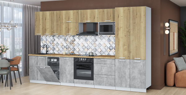 Изображение товара Кухонный гарнитур Интерлиния Мила Лайт 3.5-ПМ4 (дуб золотой/бетон/дуб бунратти)