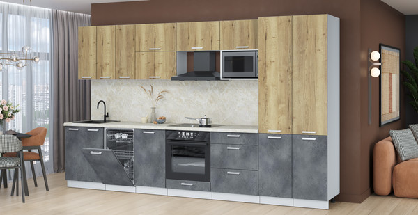 Изображение товара Кухонный гарнитур Интерлиния Мила Лайт 3.5-ПМ4 (дуб золотой/бетон портленд/опал светлый)