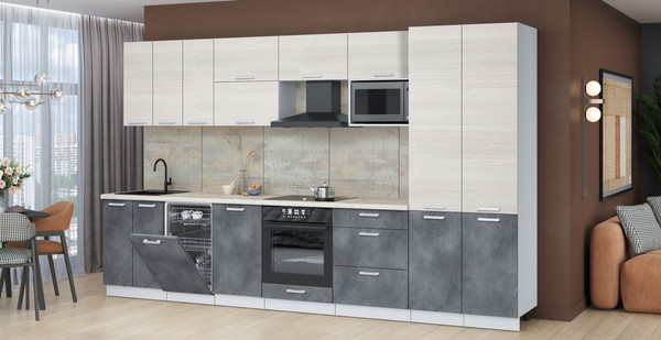 Изображение товара Кухонный гарнитур Интерлиния Мила Лайт 3.5-ПМ4 (вудлайн кремовый/бетон портленд/бискайская сосна)