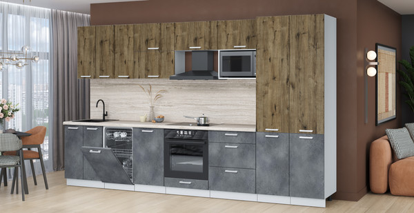 Изображение товара Кухонный гарнитур Интерлиния Мила Лайт 3.5-ПМ4 (дуб веллингтон/бетон портленд/травертин серый)