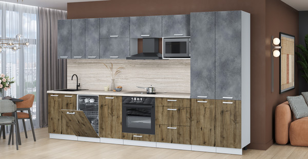 Изображение товара Кухонный гарнитур Интерлиния Мила Лайт 3.5-ПМ4 (бетон портленд/дуб веллингтон/травертин серый)