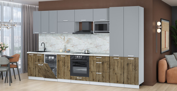 Изображение товара Кухонный гарнитур Интерлиния Мила Лайт 3.5-ПМ4 (серебро/дуб веллингтон/травертин серый)