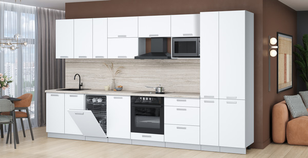 Изображение товара Кухонный гарнитур Интерлиния Мила Лайт 3.6-ПМ4 (белый платинум/белый платинум/травертин серый)