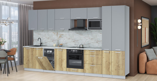 Изображение товара Кухонный гарнитур Интерлиния Мила Лайт 3.6-ПМ4 (серебро/дуб золотой/серый каспий)