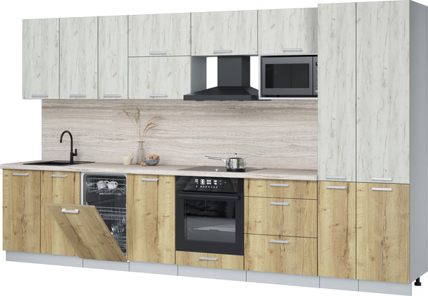 Изображение товара Кухонный гарнитур Интерлиния Мила Лайт 3.6-ПМ4 (дуб белый/дуб золотой/травертин серый)