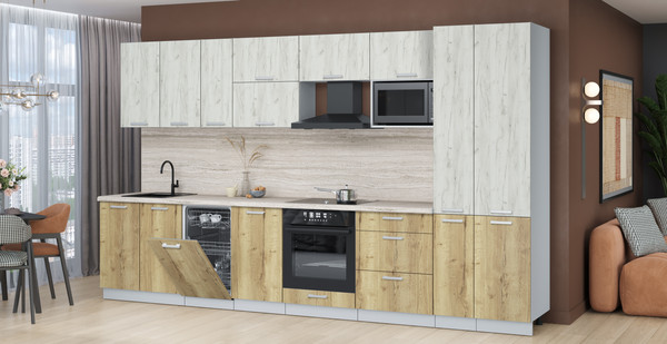 Изображение товара Кухонный гарнитур Интерлиния Мила Лайт 3.6-ПМ4 (дуб белый/дуб золотой/травертин серый)