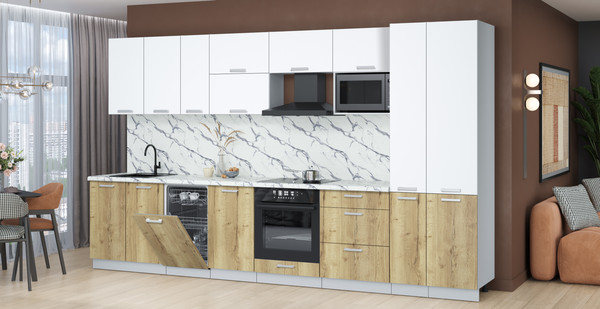 Изображение товара Кухонный гарнитур Интерлиния Мила Лайт 3.6-ПМ4 (белый платинум/дуб золотой/белый гранит)