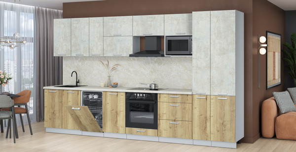 Изображение товара Кухонный гарнитур Интерлиния Мила Лайт 3.6-ПМ4 (бетон лайт/дуб золотой/опал светлый)