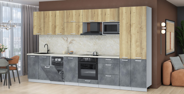 Изображение товара Кухонный гарнитур Интерлиния Мила Лайт 3.6-ПМ4 (дуб золотой/бетон портленд/опал светлый)