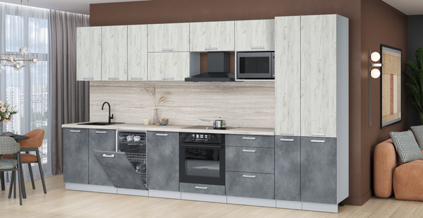 Изображение товара Кухонный гарнитур Интерлиния Мила Лайт 3.6-ПМ4  (дуб белый/бетон портленд/травертин серый)