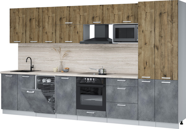 Изображение товара Кухонный гарнитур Интерлиния Мила Лайт 3.6-ПМ4  (дуб веллингтон/бетон портленд/травертин серый)