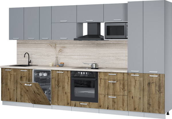Изображение товара Кухонный гарнитур Интерлиния Мила Лайт 3.6-ПМ4 (серебро/дуб веллингтон/травертин серый)