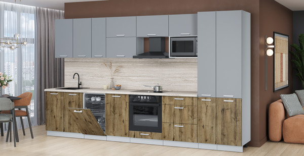 Изображение товара Кухонный гарнитур Интерлиния Мила Лайт 3.6-ПМ4 (серебро/дуб веллингтон/травертин серый)