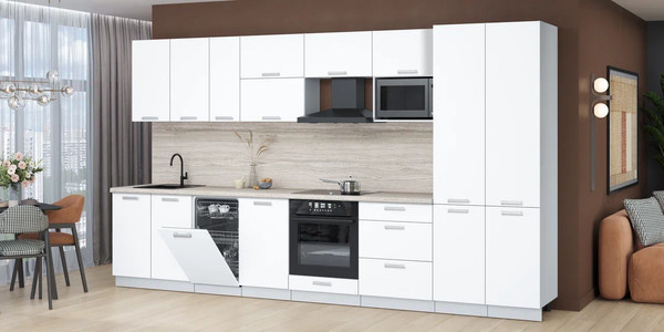 Изображение товара Кухонный гарнитур Интерлиния Мила Лайт 3.7-ПМ4 (белый платинум/белый платинум/травертин серый)