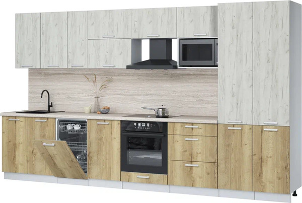 Изображение товара Кухонный гарнитур Интерлиния Мила Лайт 3.7-ПМ4  (дуб белый/дуб золотой/травертин серый)