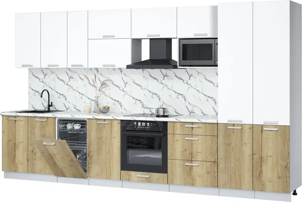 Изображение товара Кухонный гарнитур Интерлиния Мила Лайт 3.7-ПМ4 (белый платинум/дуб золотой/белый гранит)