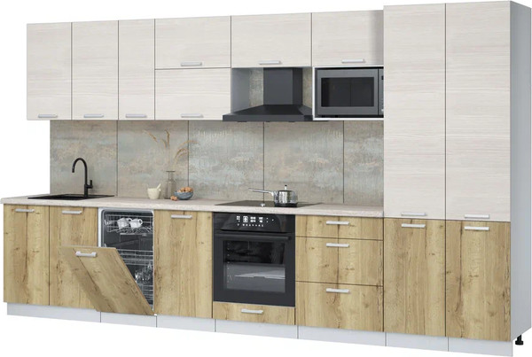 Изображение товара Кухонный гарнитур Интерлиния Мила Лайт 3.7-ПМ4 (вудлайн кремовый/дуб золотой/травертин серый)