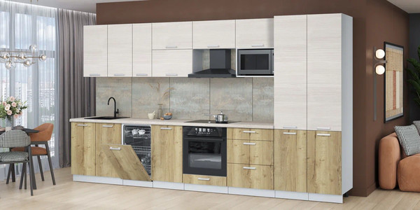 Изображение товара Кухонный гарнитур Интерлиния Мила Лайт 3.7-ПМ4 (вудлайн кремовый/дуб золотой/травертин серый)