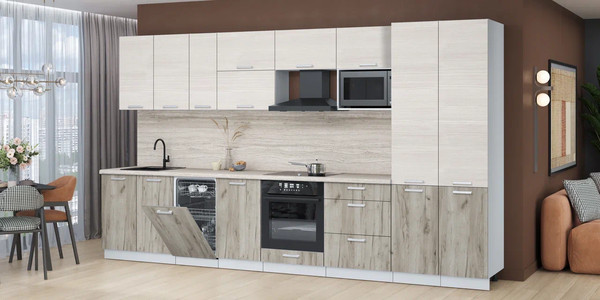 Изображение товара Кухонный гарнитур Интерлиния Мила Лайт 3.7-ПМ4 (вудлайн кремовый/дуб серый/травертин серый)