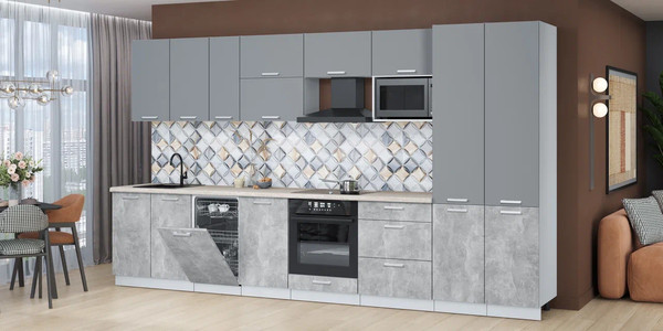 Изображение товара Кухонный гарнитур Интерлиния Мила Лайт 3.7-ПМ4 (серебро/бетон/травертин серый)